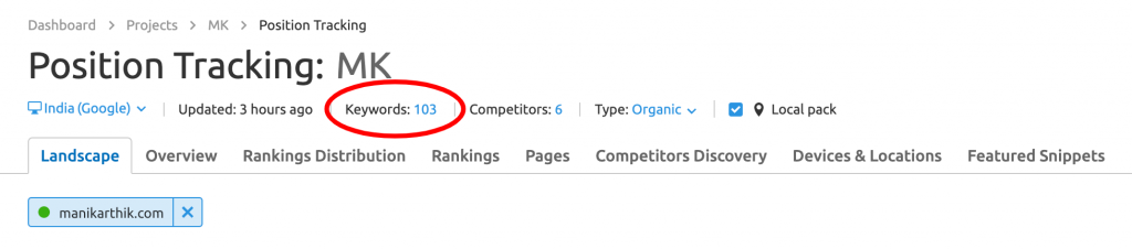 Add keywords in SEMrush