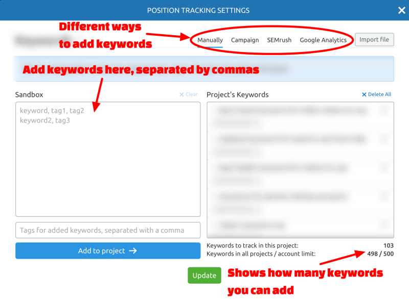 Add Keywords window in SEMrush
