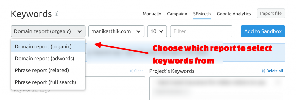 Add keywords from Domain report in SEMrush