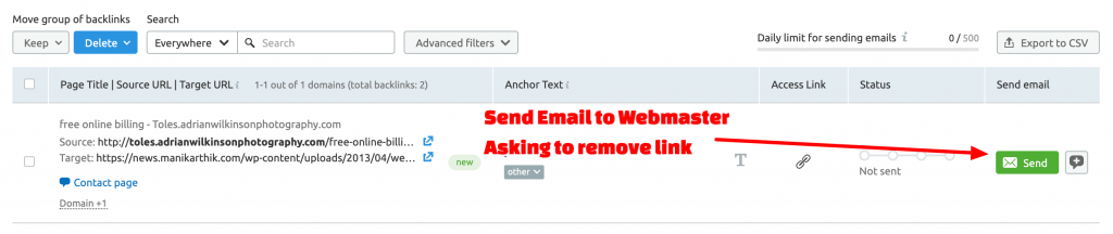 Manually remove bad links with SEMrush