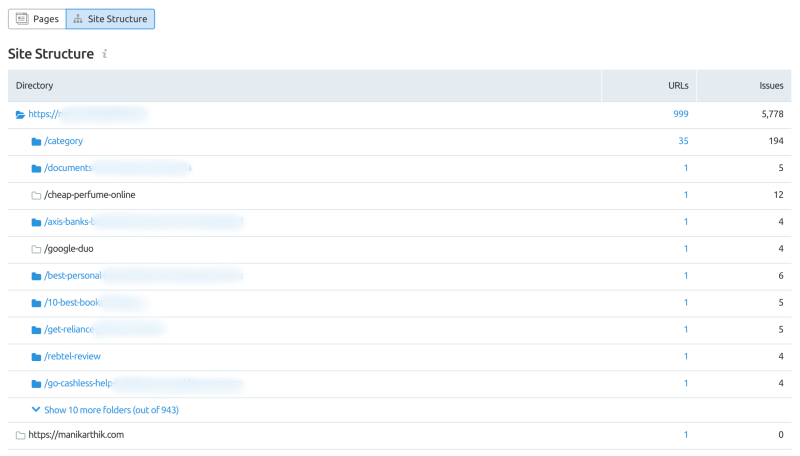 SEMrush Site Audit Page Structure View
